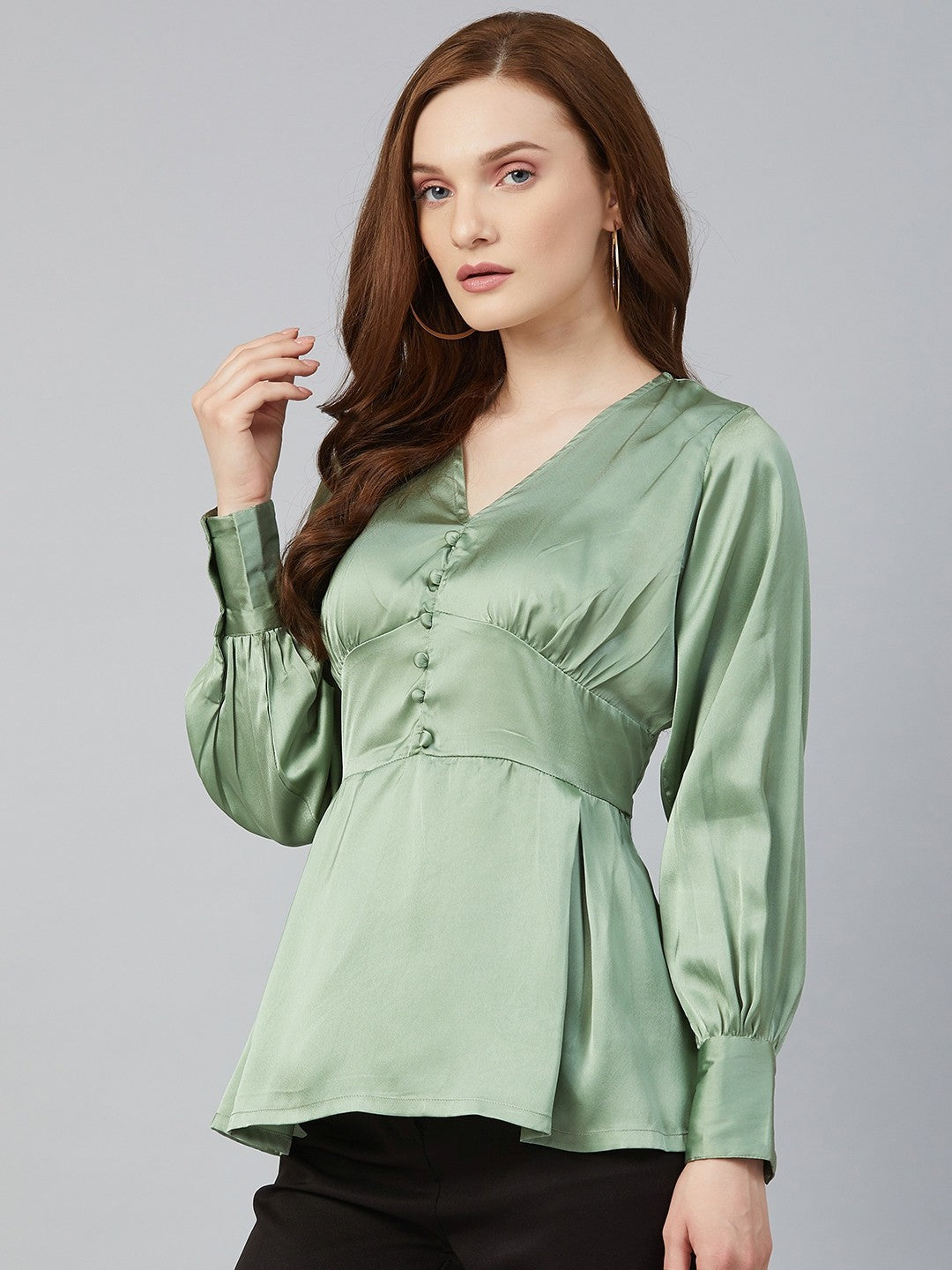 plusS Green Solid Ruched A-Line Top