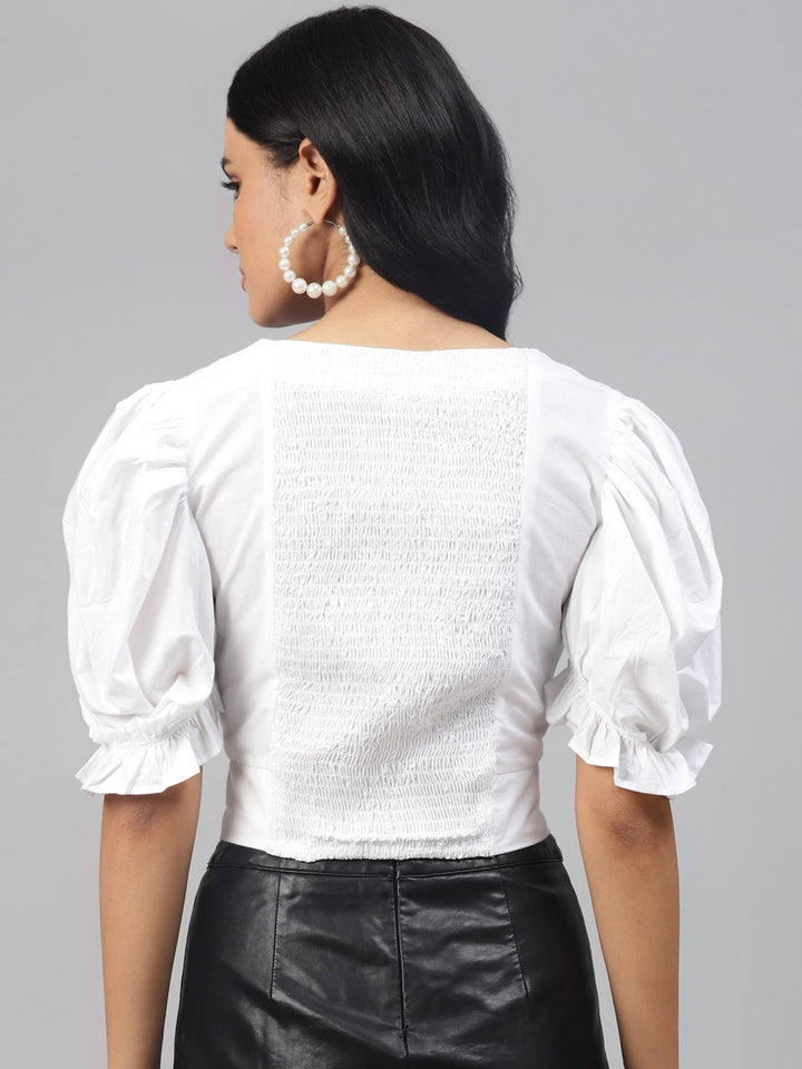 plusS Captivating White Solid Smocked Crop Top