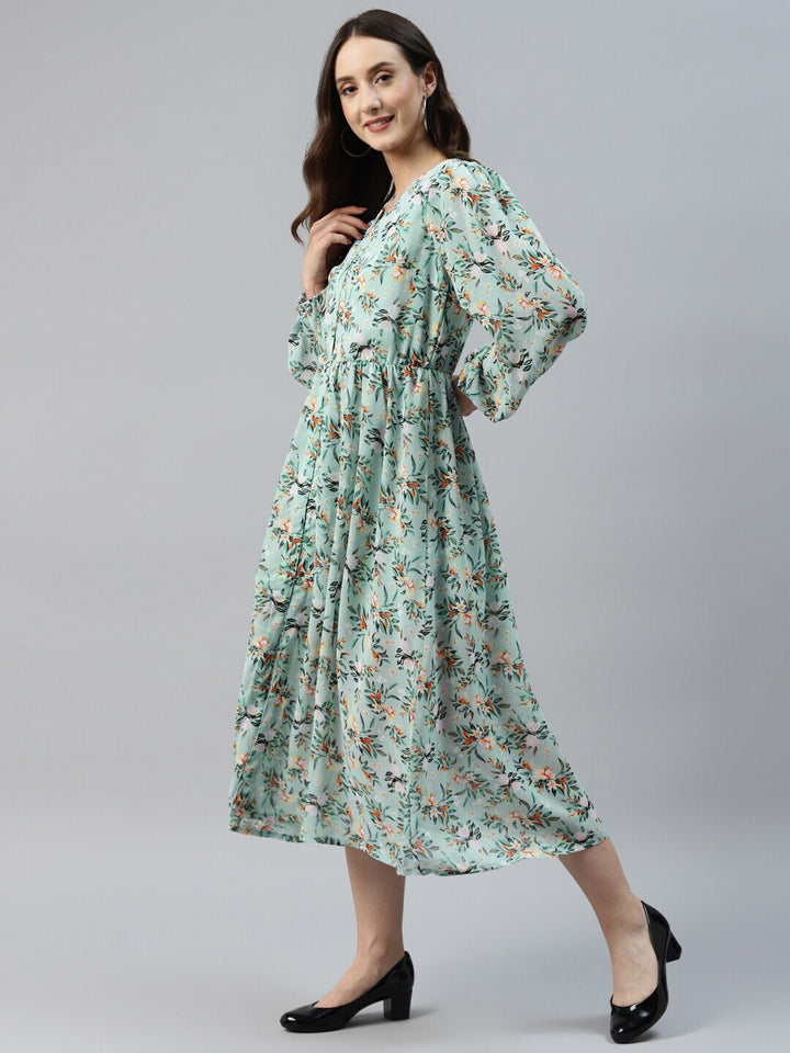 plusS Sea Green Floral Print A-Line Midi Dress