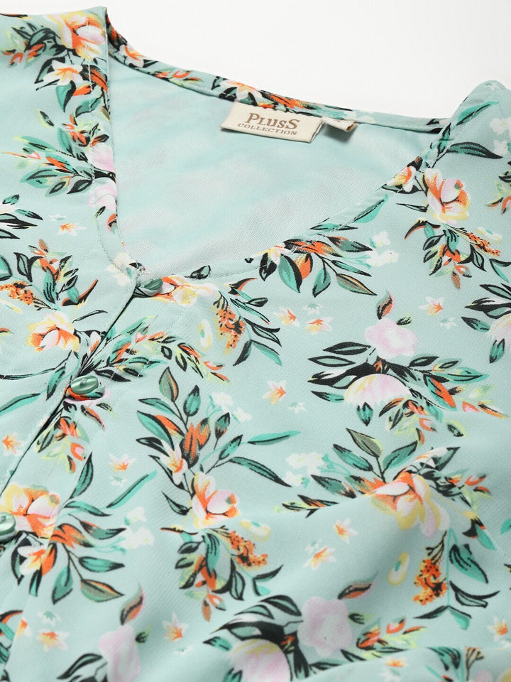 plusS Sea Green Floral Print A-Line Midi Dress