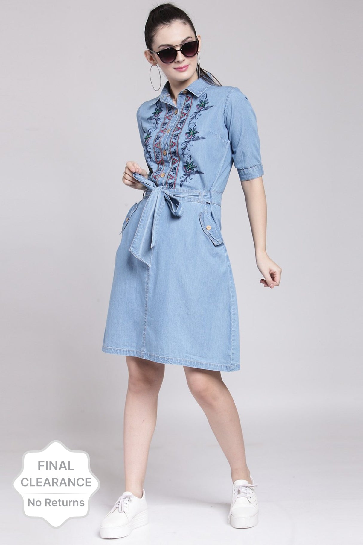 Blue Embroidered Denim Shirt Dress