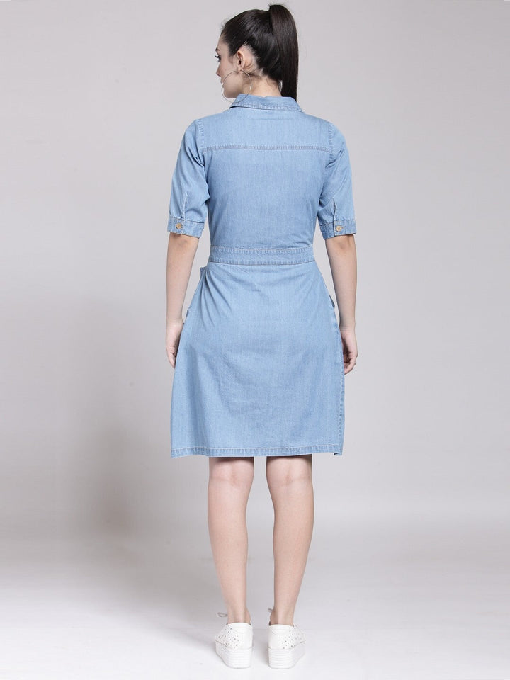 Blue Embroidered Denim Shirt Dress