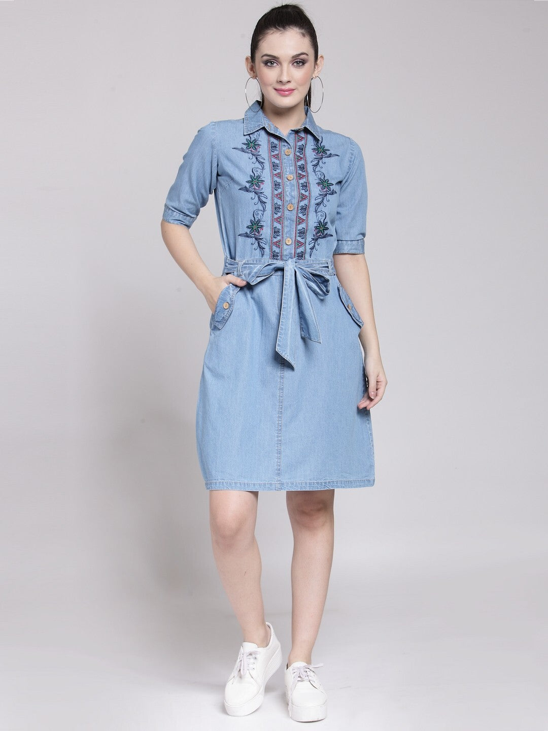 Blue Embroidered Denim Shirt Dress