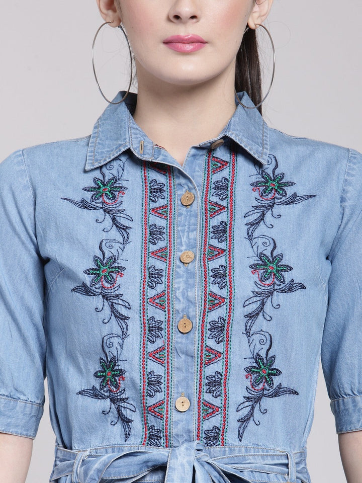 Blue Embroidered Denim Shirt Dress