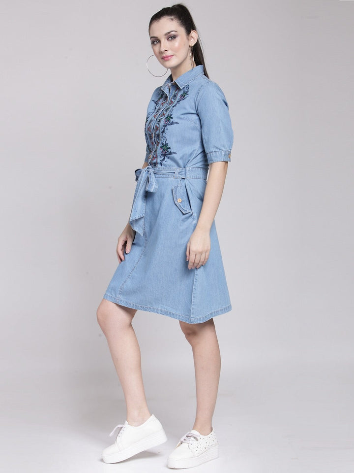 Blue Embroidered Denim Shirt Dress