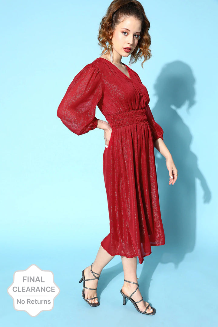 plusS Attractive Red Solid Pleated Form Dress