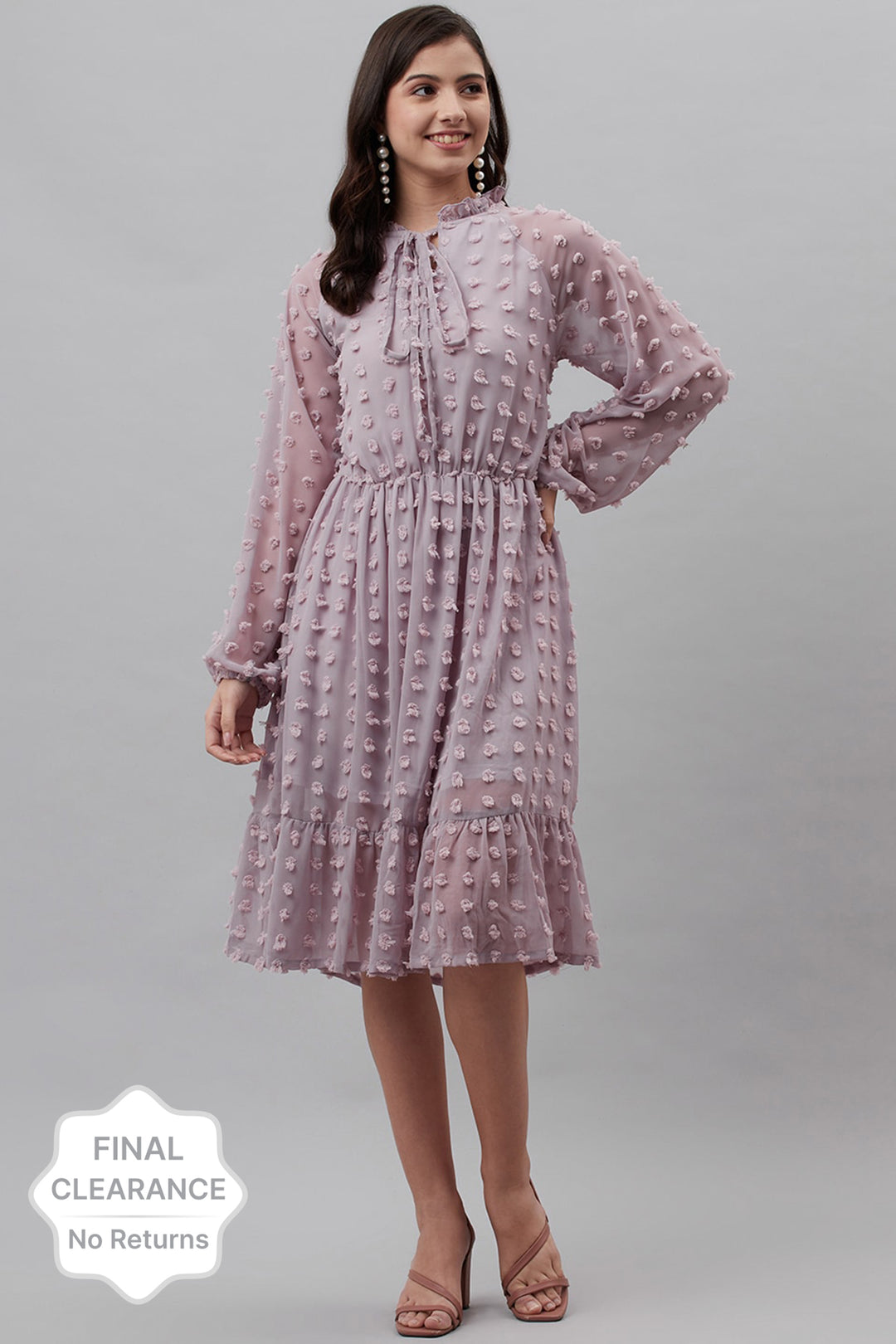 plusS Lavender Dobby Weave Tie-Up Neck A-Line Dress