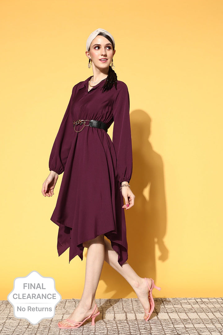 plusS Women Burgundy Solid Asymmetry Dress