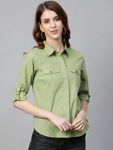 plusS Women Green Regular Fit Solid Casual Shirt