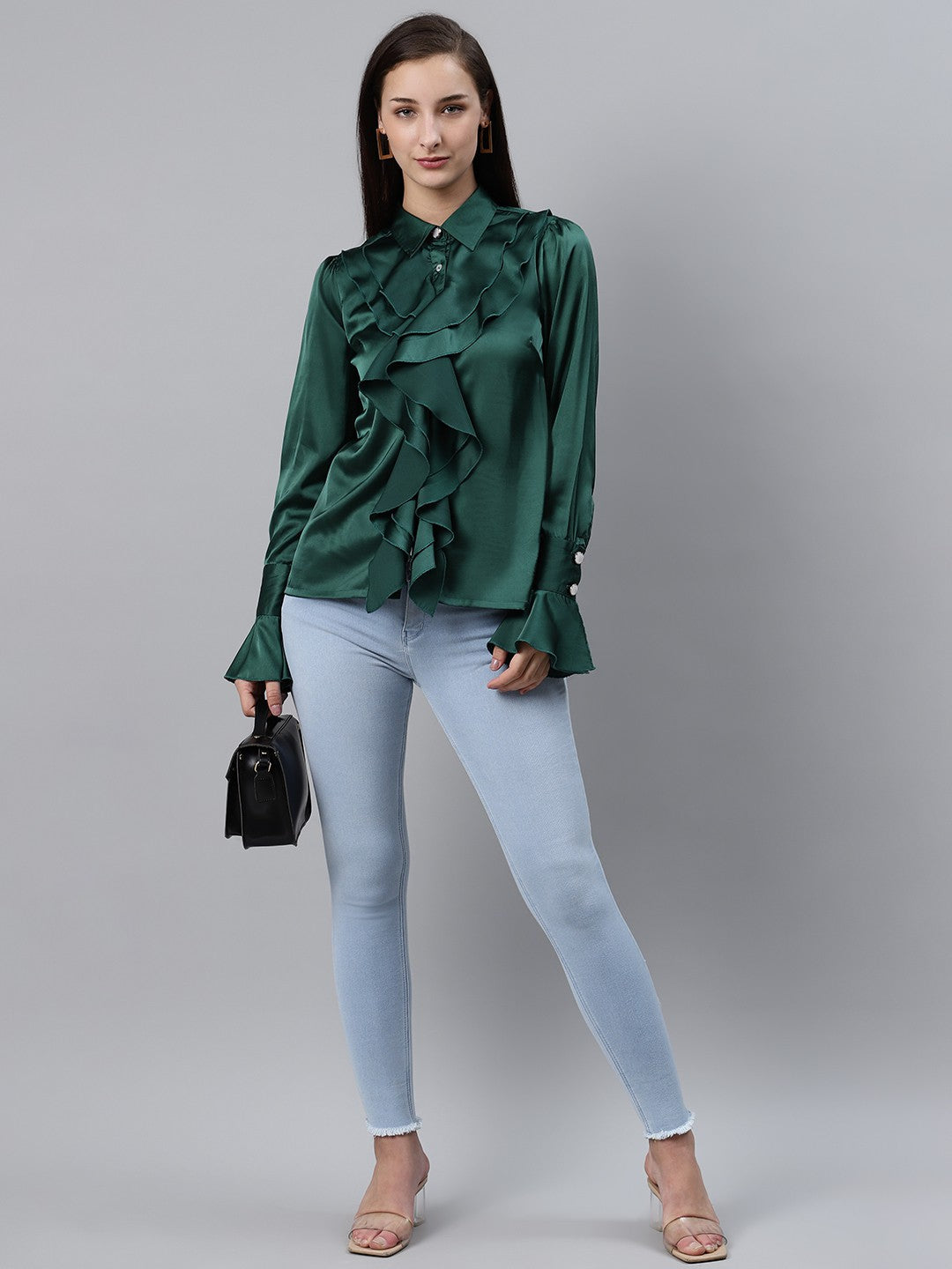 plusS Women Elegant Green Ruffle Detail Partywear Shirt