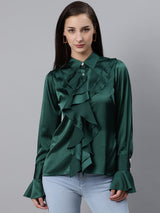 plusS Women Elegant Green Ruffle Detail Partywear Shirt