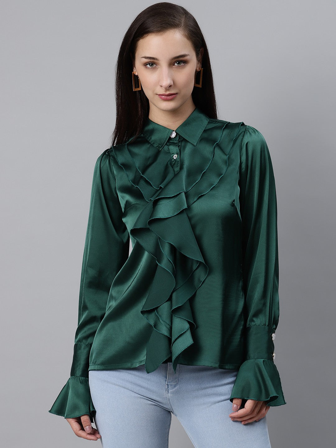 plusS Women Elegant Green Ruffle Detail Partywear Shirt