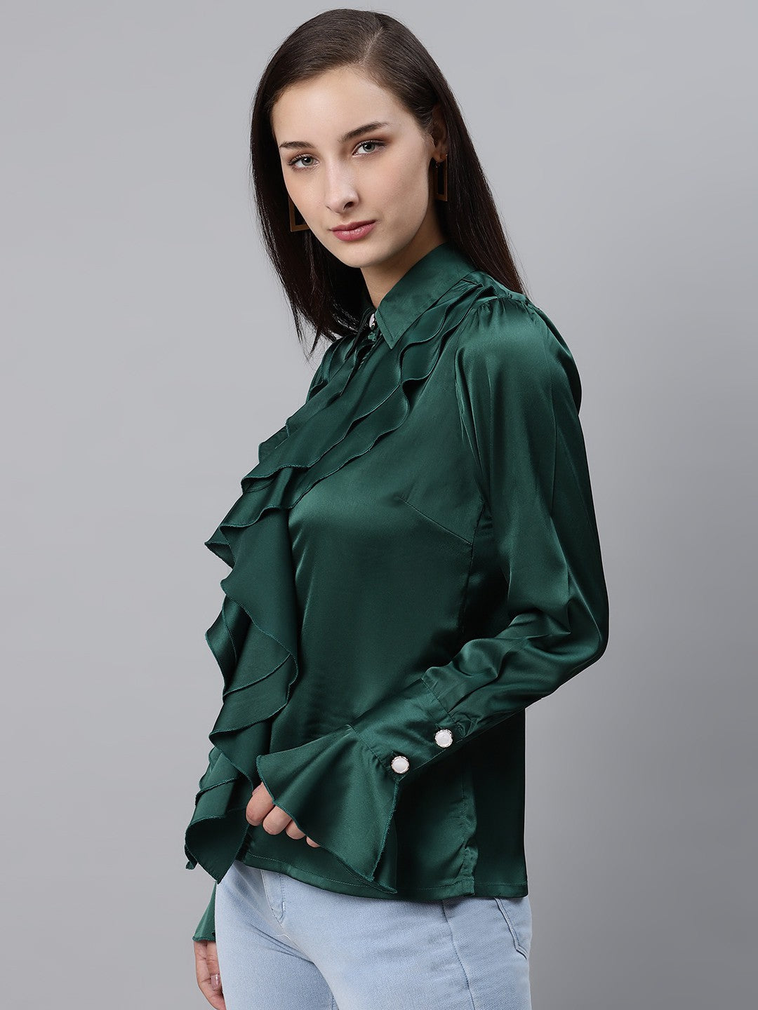 plusS Women Elegant Green Ruffle Detail Partywear Shirt