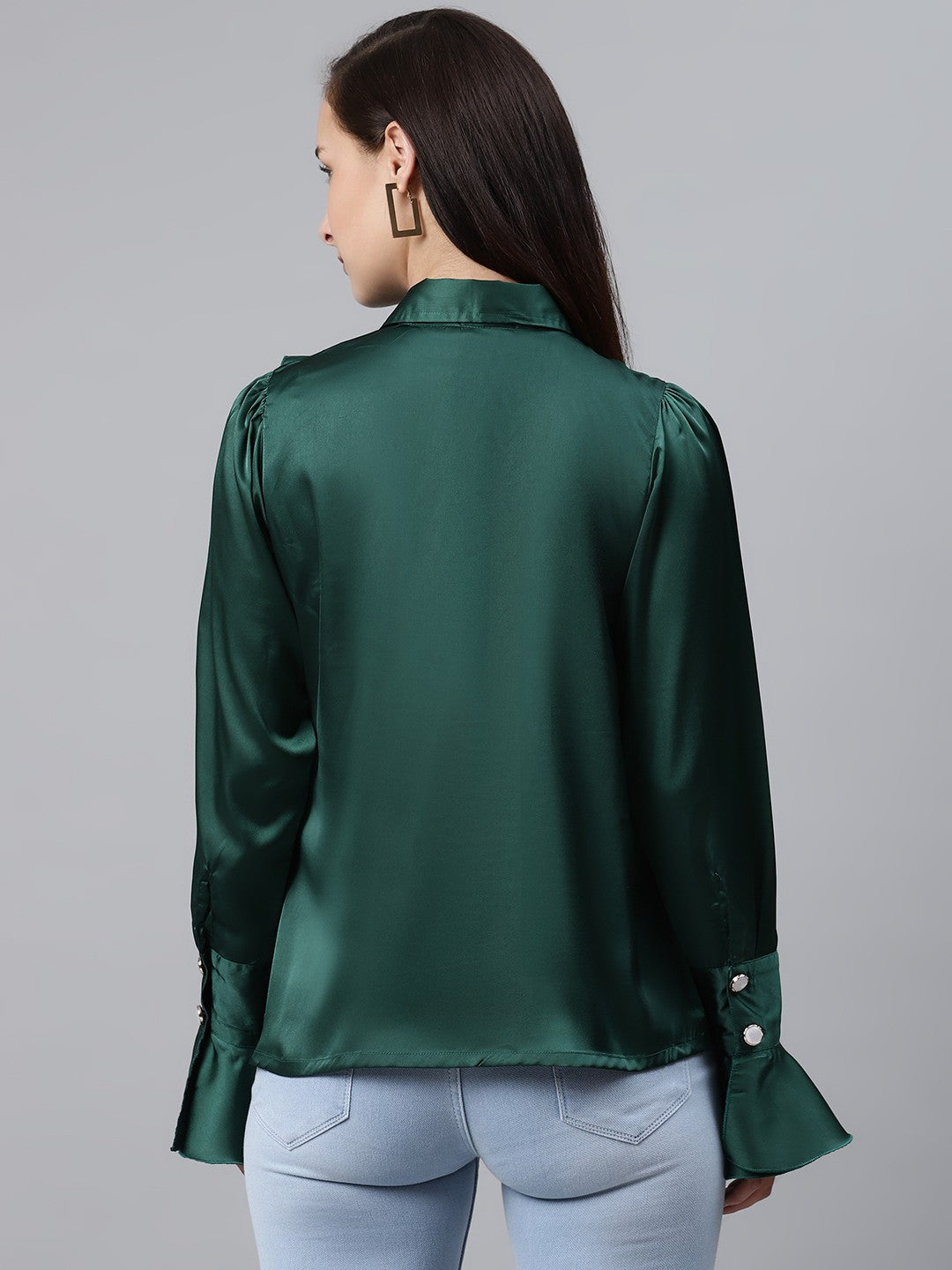 plusS Women Elegant Green Ruffle Detail Partywear Shirt
