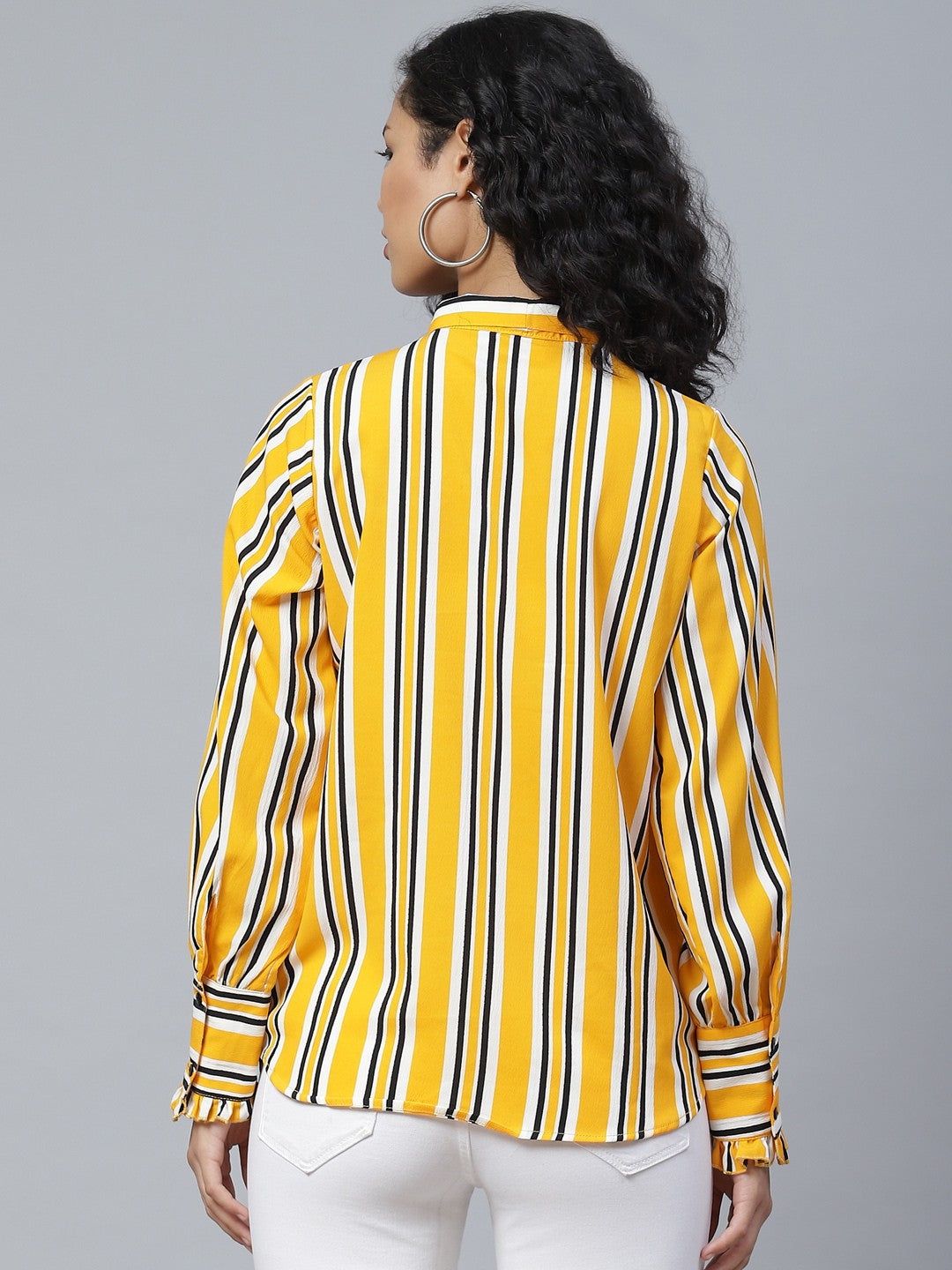 plusS Catchy Yellow  Black Striped Tie-up Neck Top