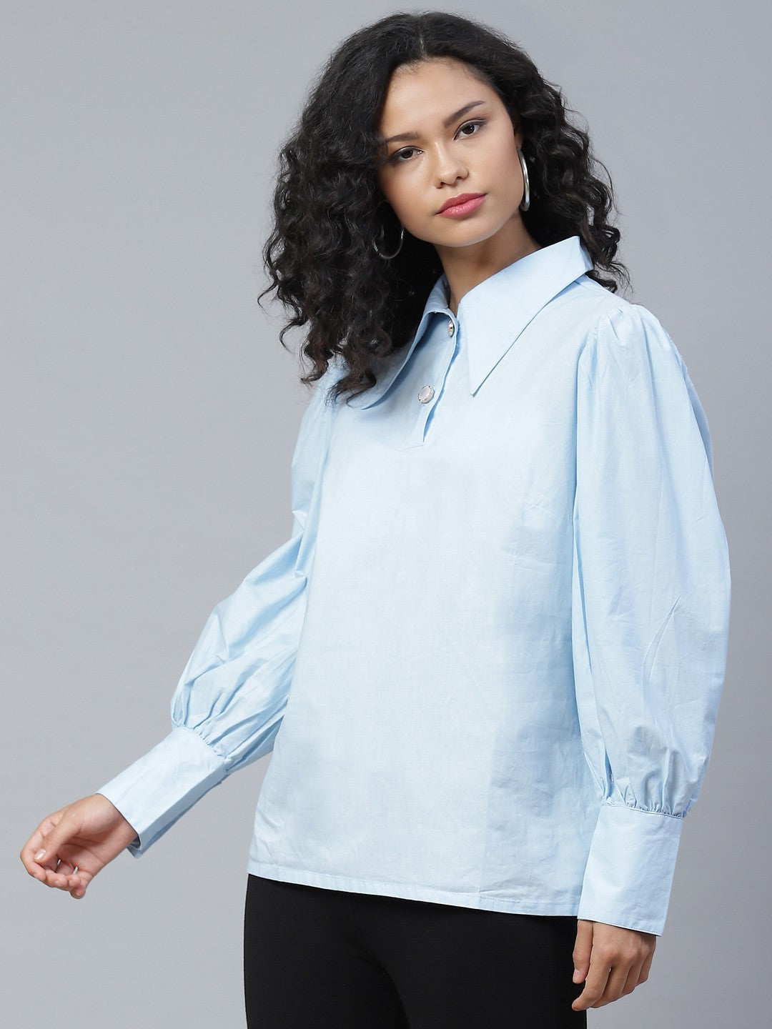 plusS Serene Blue Solid Bishop Sleeves Shirt Style Top