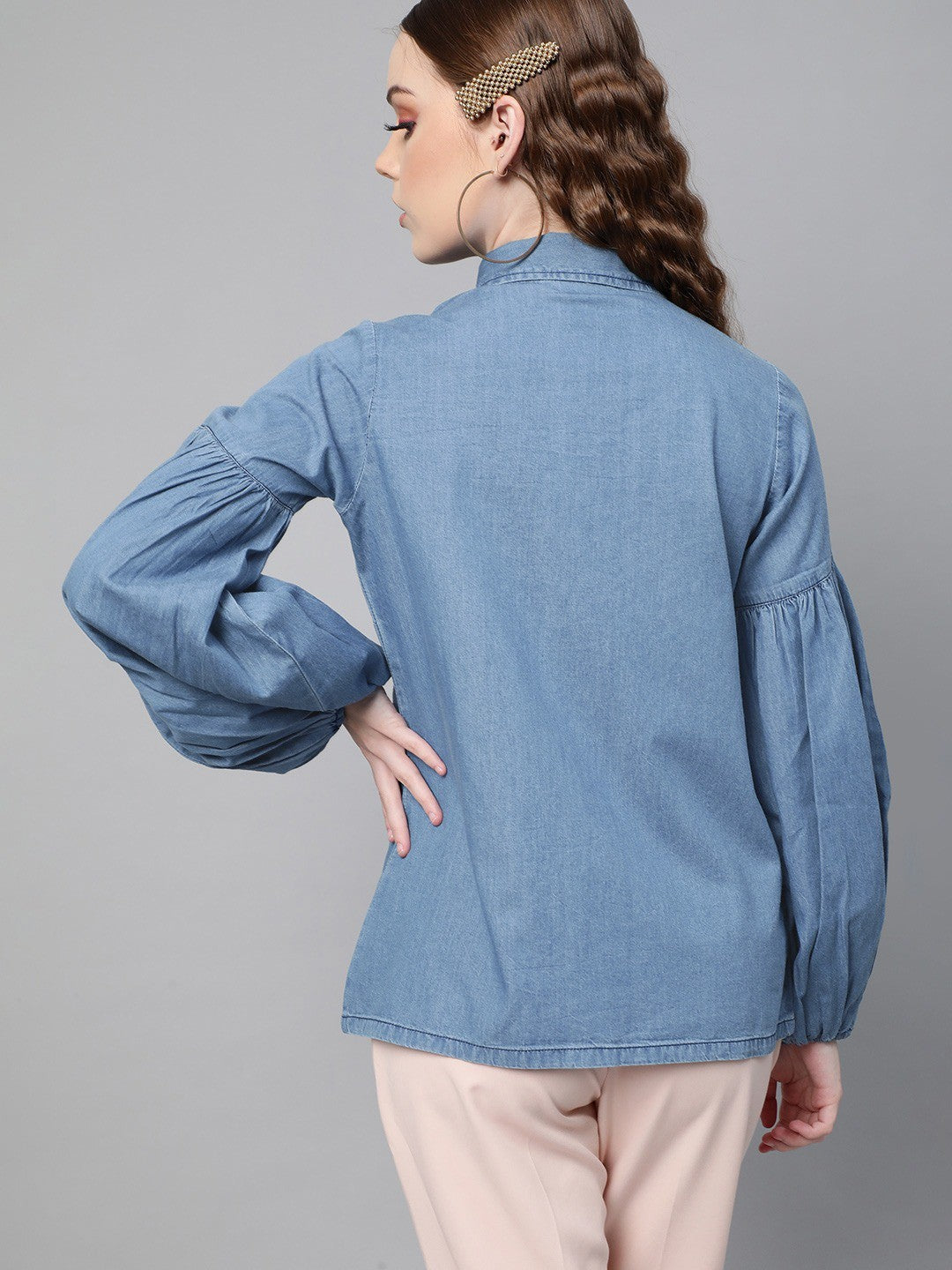 plusS Calm Blue Retro Denim Puff Sleeves Casual Shirt