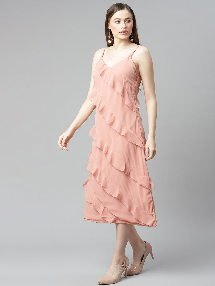 plusS Pink Solid A-Line Midi Ruffle Dress