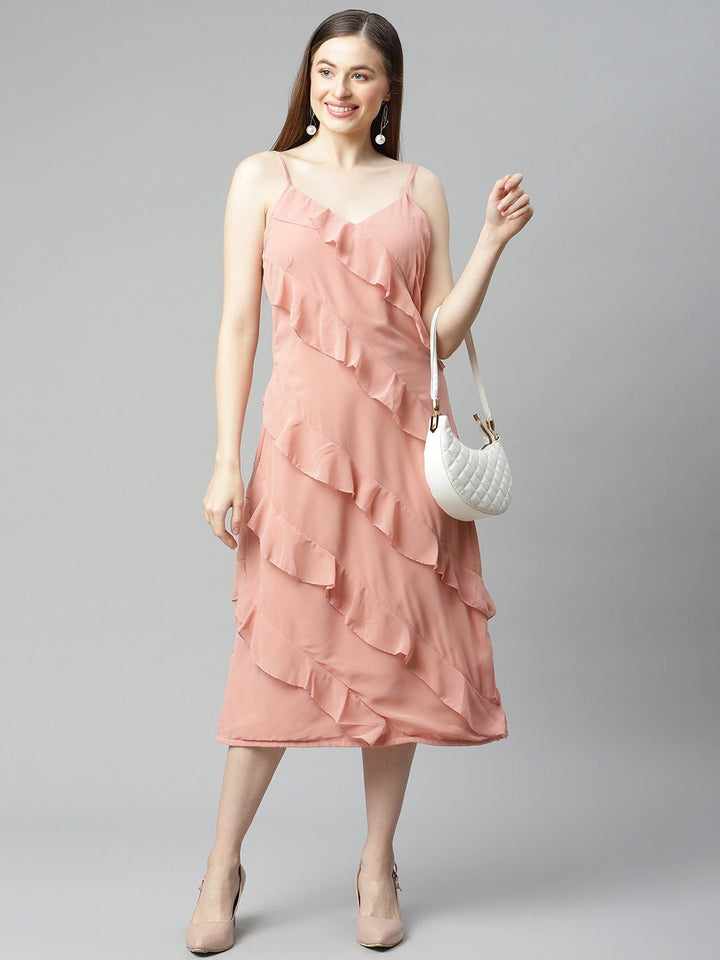 plusS Pink Solid A-Line Midi Ruffle Dress