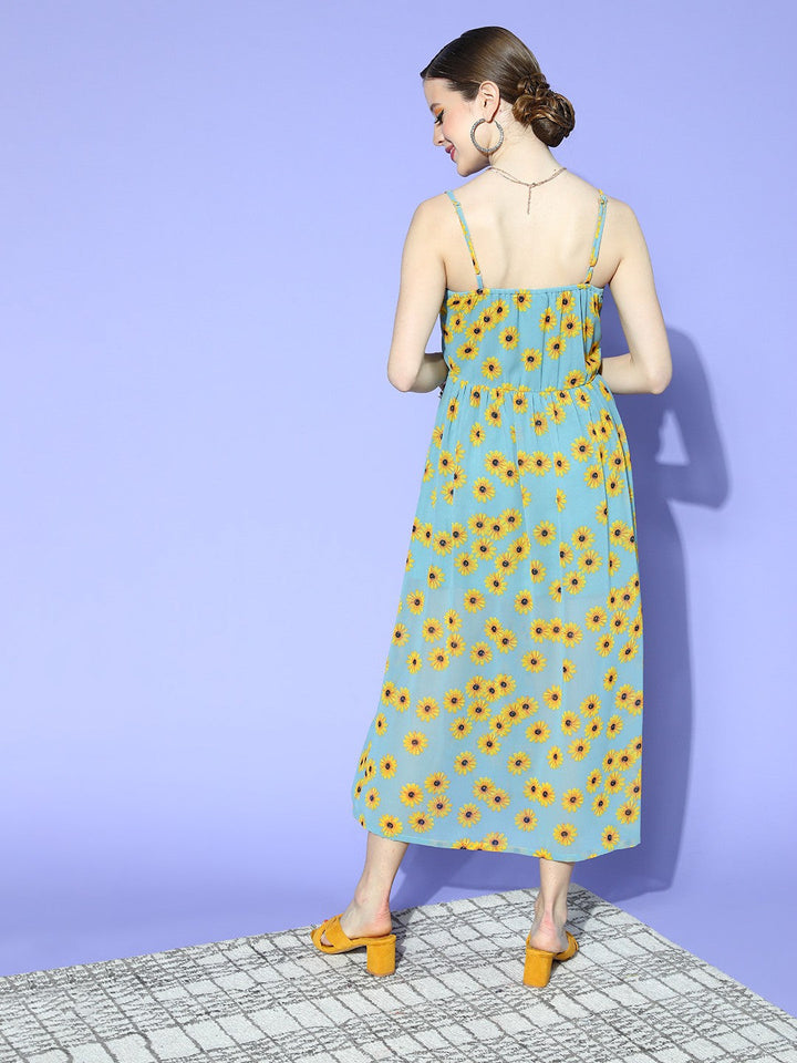 plusS Turquoise Blue  Yellow Floral Georgette Maxi Dress