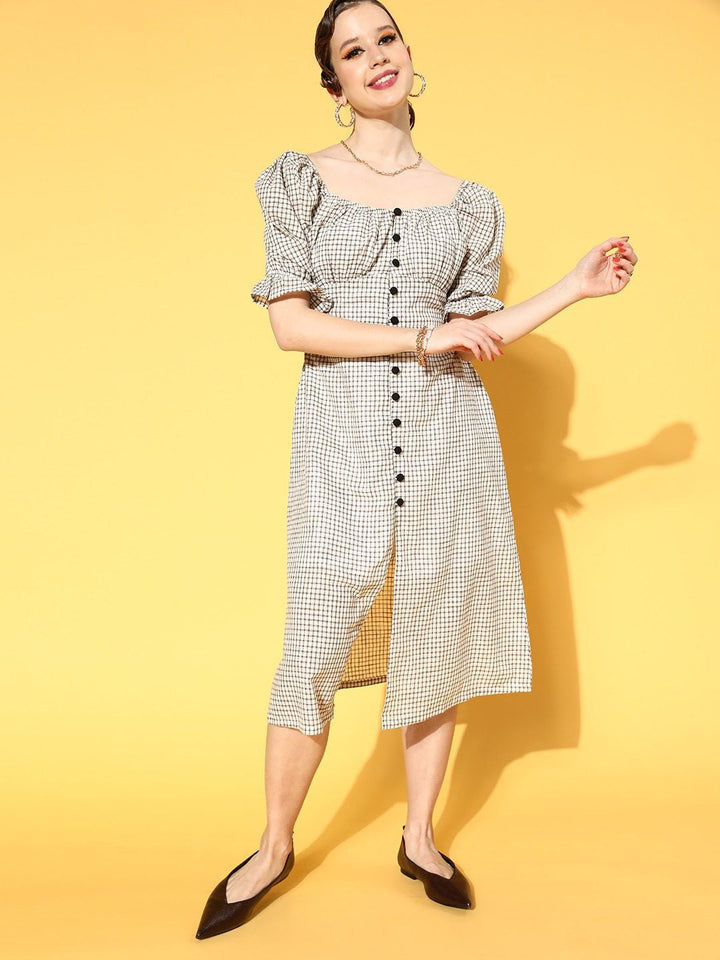 plusS Olive Green  White Checked A-Line Midi Dress