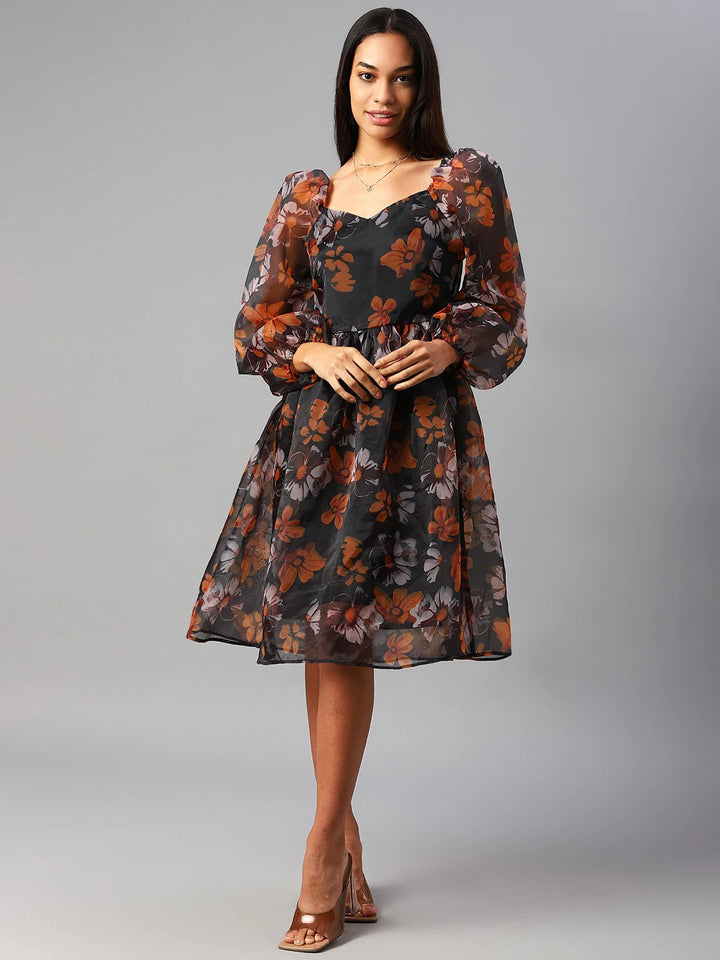 plusS Black  Orange Floral Puff Sleeves A-Line Dress