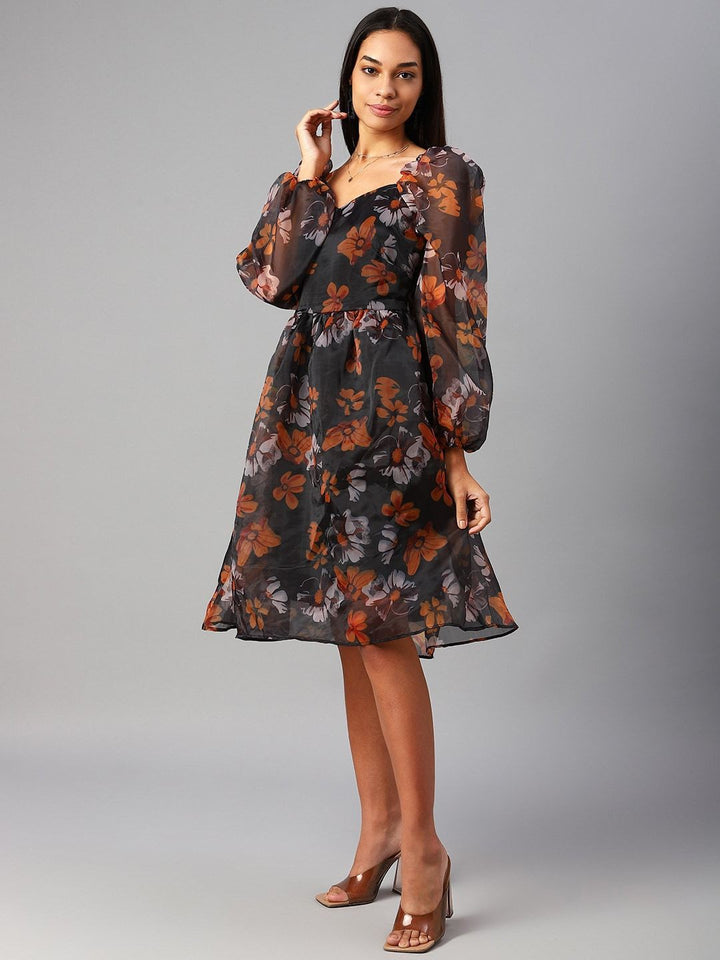 plusS Black  Orange Floral Puff Sleeves A-Line Dress