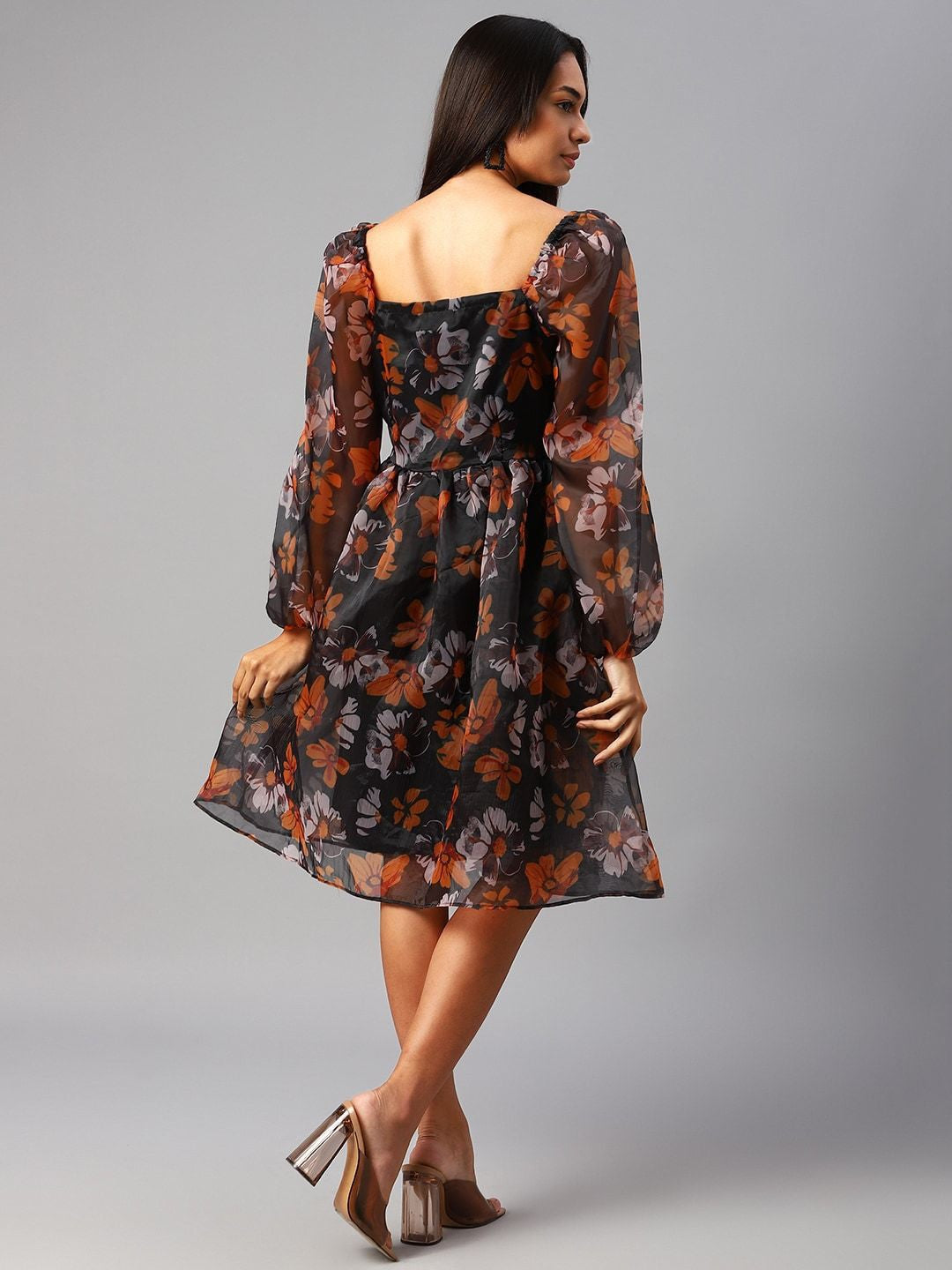 plusS Black  Orange Floral Puff Sleeves A-Line Dress