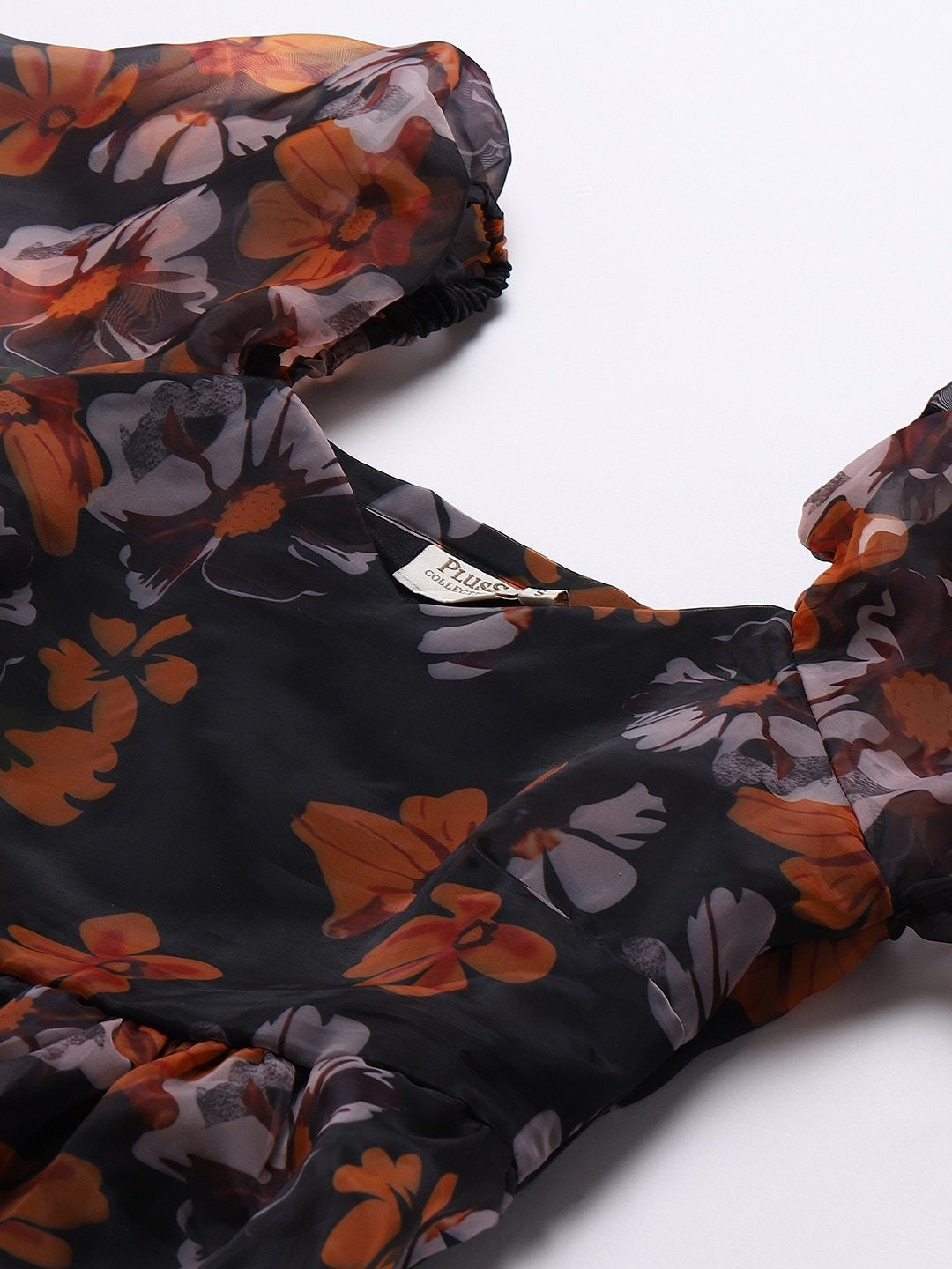 plusS Black  Orange Floral Puff Sleeves A-Line Dress