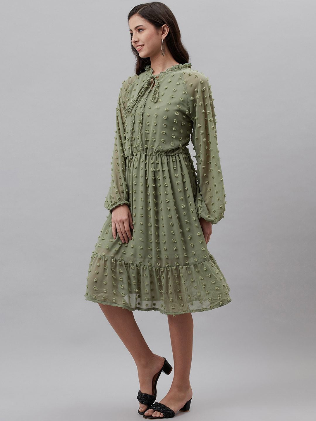 plusS Green Dobby Weave Tie-Up Neck A-Line Dress