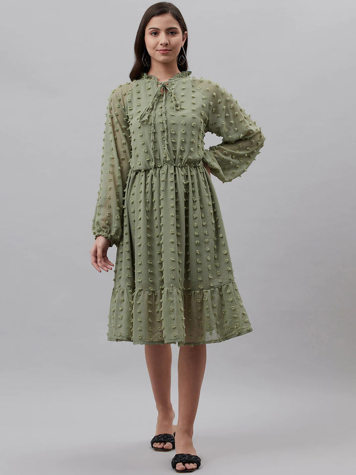 plusS Green Dobby Weave Tie-Up Neck A-Line Dress