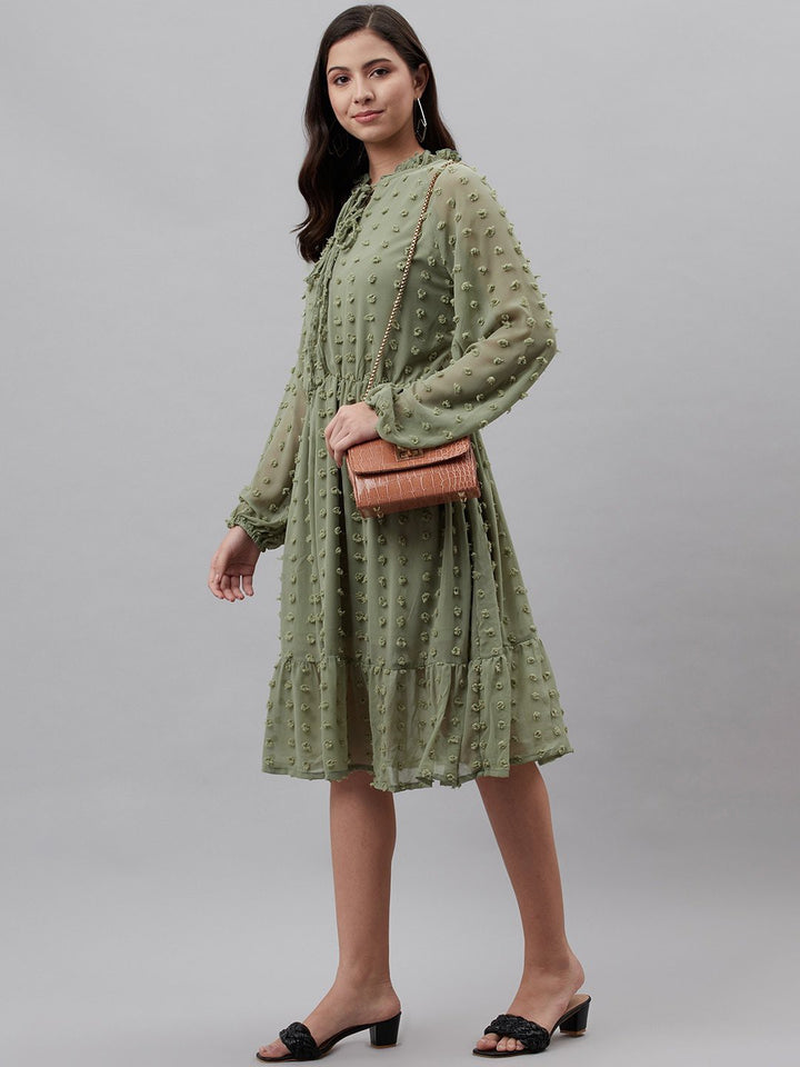 plusS Green Dobby Weave Tie-Up Neck A-Line Dress