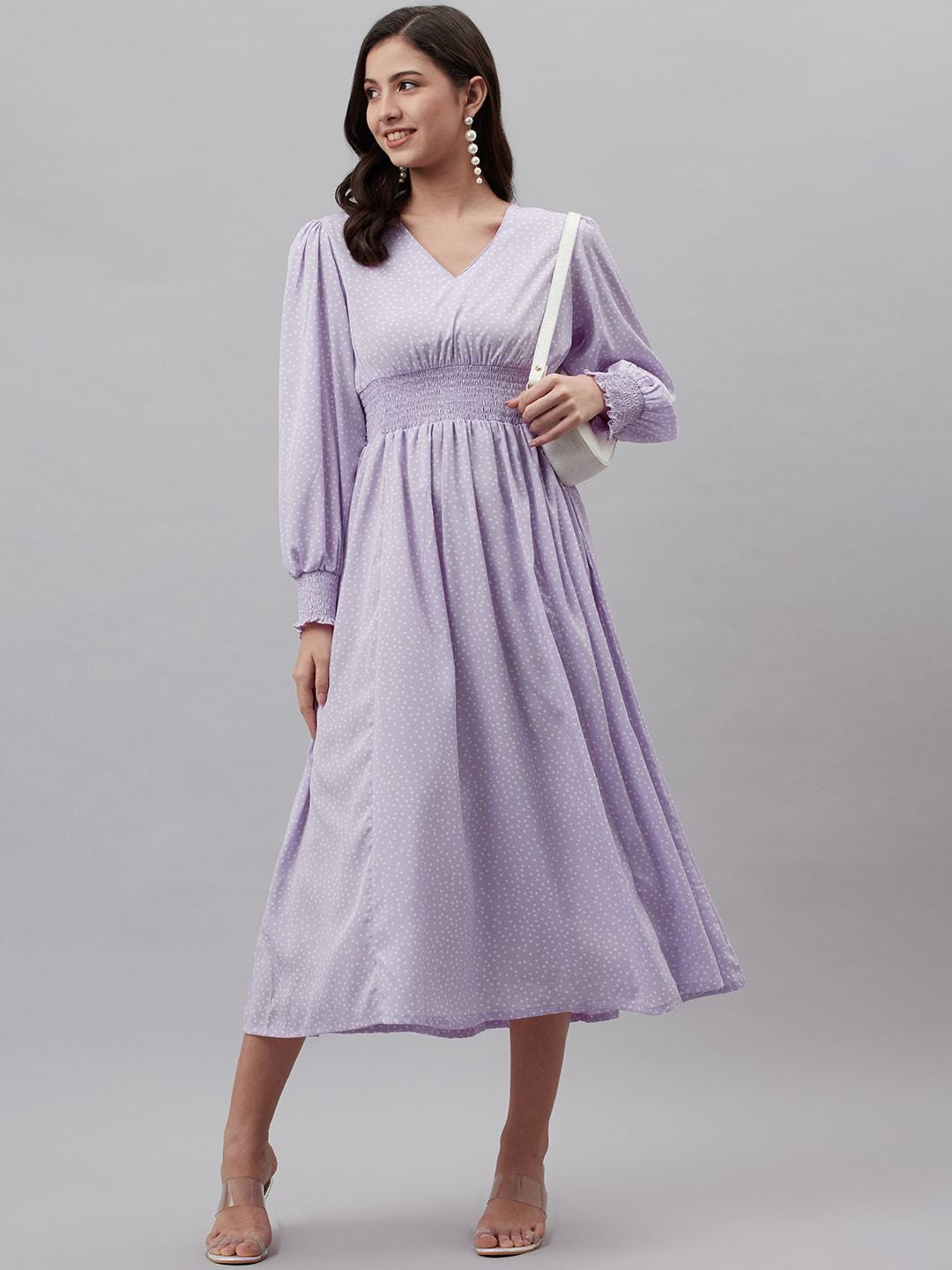 plusS Lavender  White Polka Dots Print A-Line Midi Dress