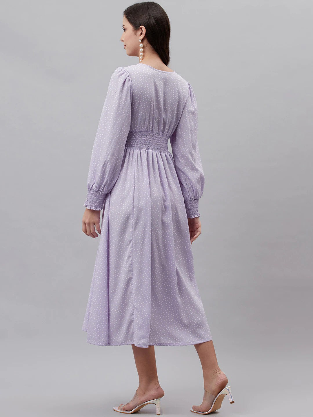 plusS Lavender  White Polka Dots Print A-Line Midi Dress