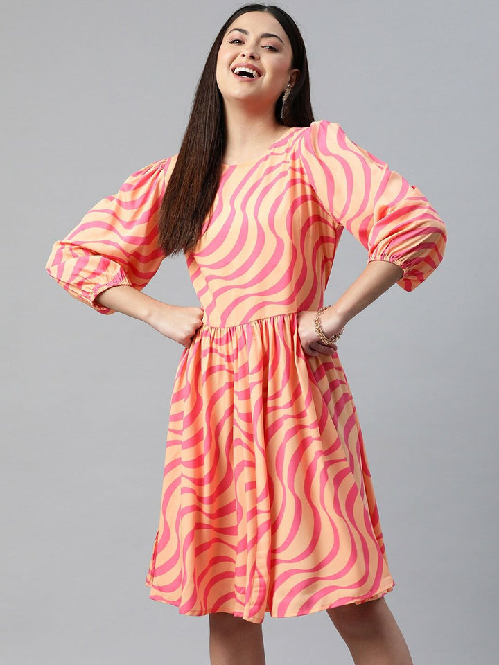 plusS Abstract Print Belted Detail A-Line Dress