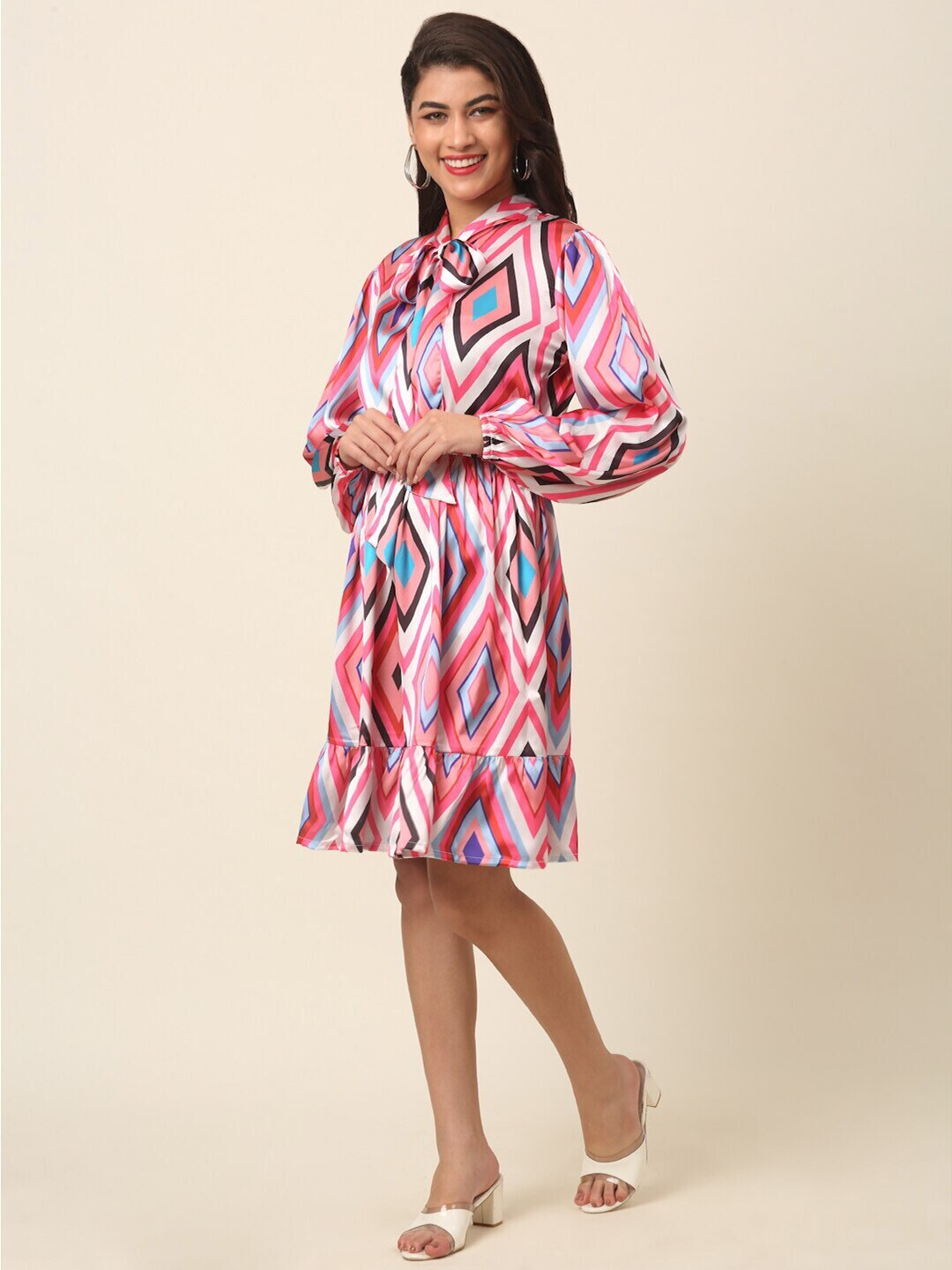 plusS Pink Print Tie-Up Neck Shirt Dress