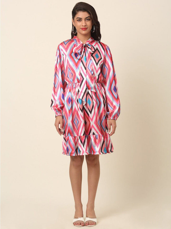 plusS Pink Print Tie-Up Neck Shirt Dress