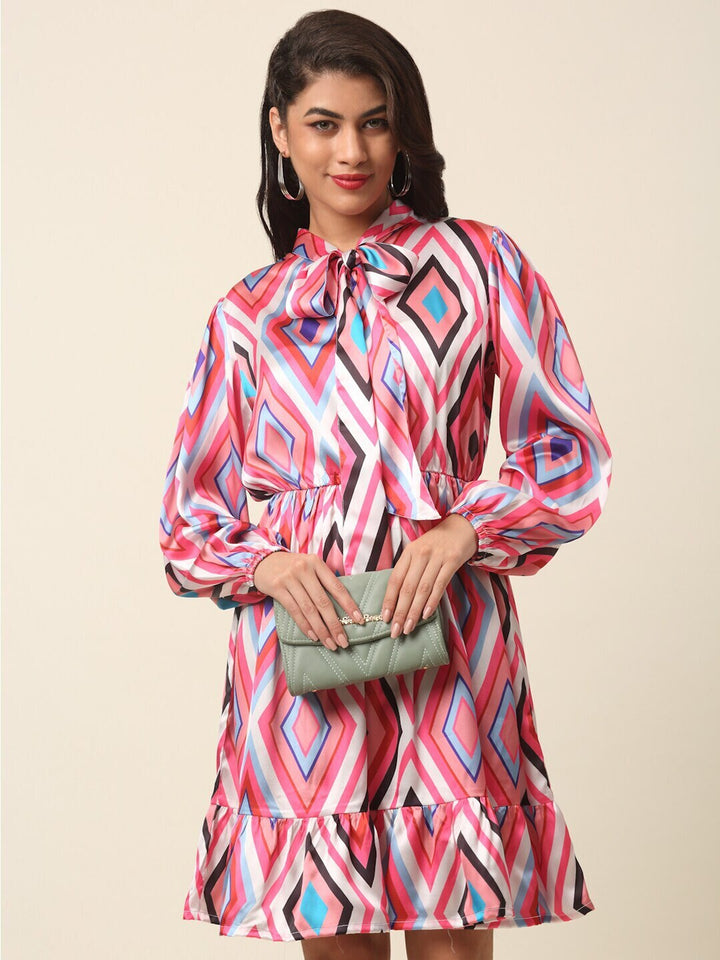 plusS Pink Print Tie-Up Neck Shirt Dress