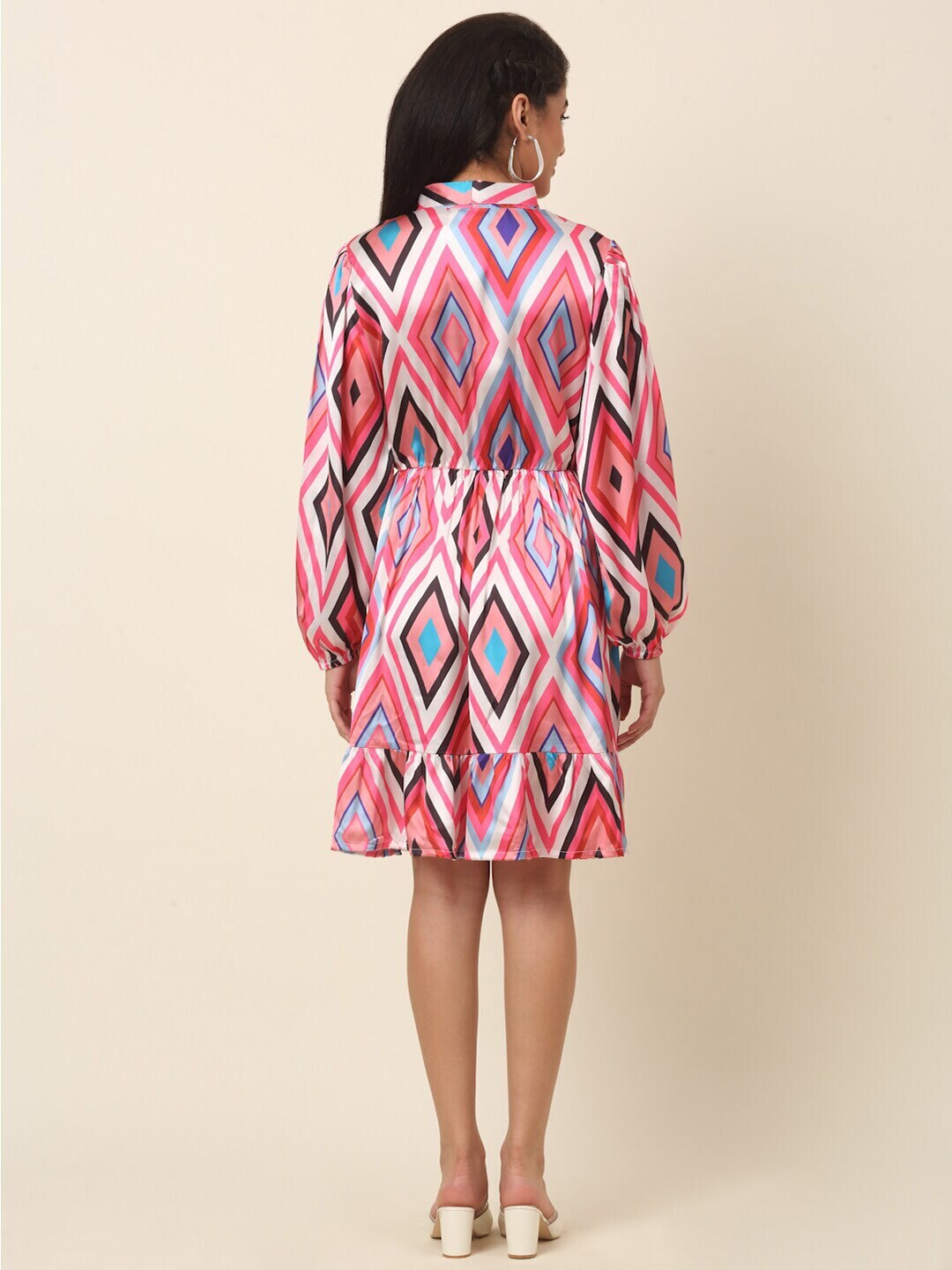 plusS Pink Print Tie-Up Neck Shirt Dress