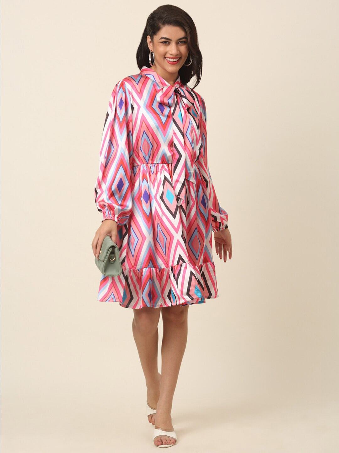 plusS Pink Print Tie-Up Neck Shirt Dress