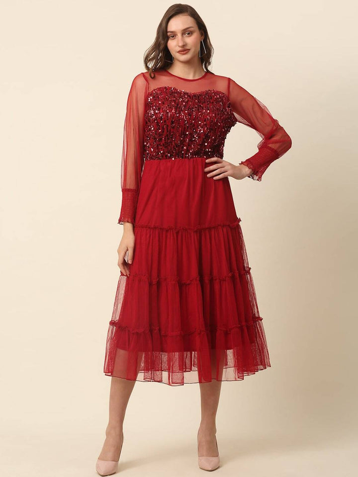 plusS Red Tiered Sequinned Fit  Flare Midi Dress