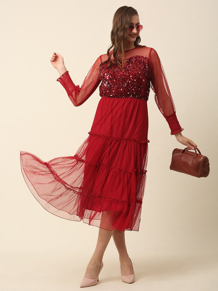 plusS Red Tiered Sequinned Fit  Flare Midi Dress