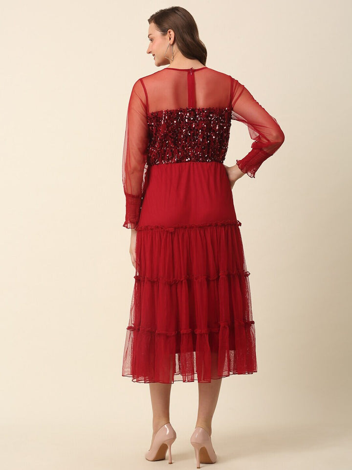 plusS Red Tiered Sequinned Fit  Flare Midi Dress