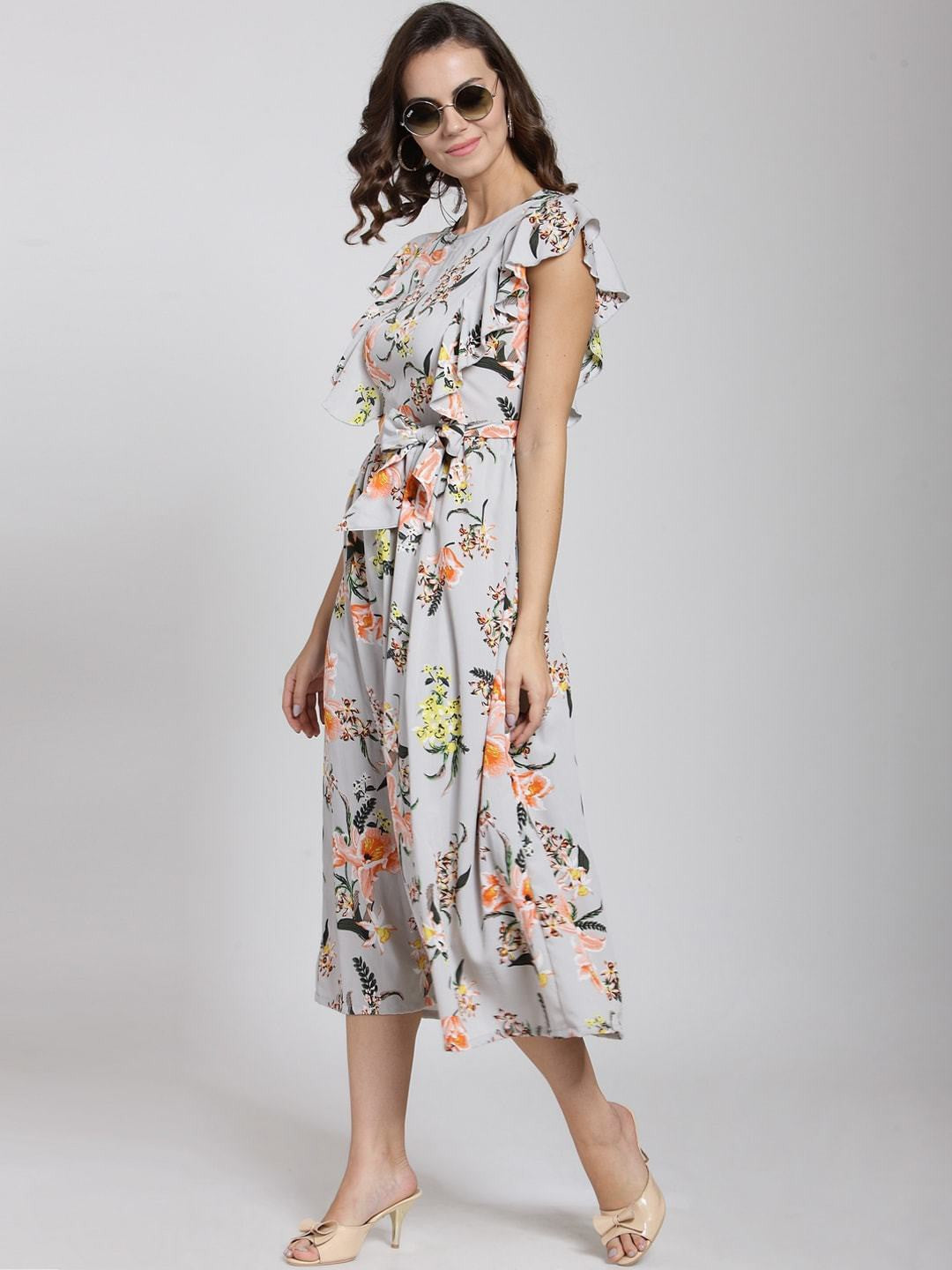 plusS Grey Floral Printed Fit and Flare Dress