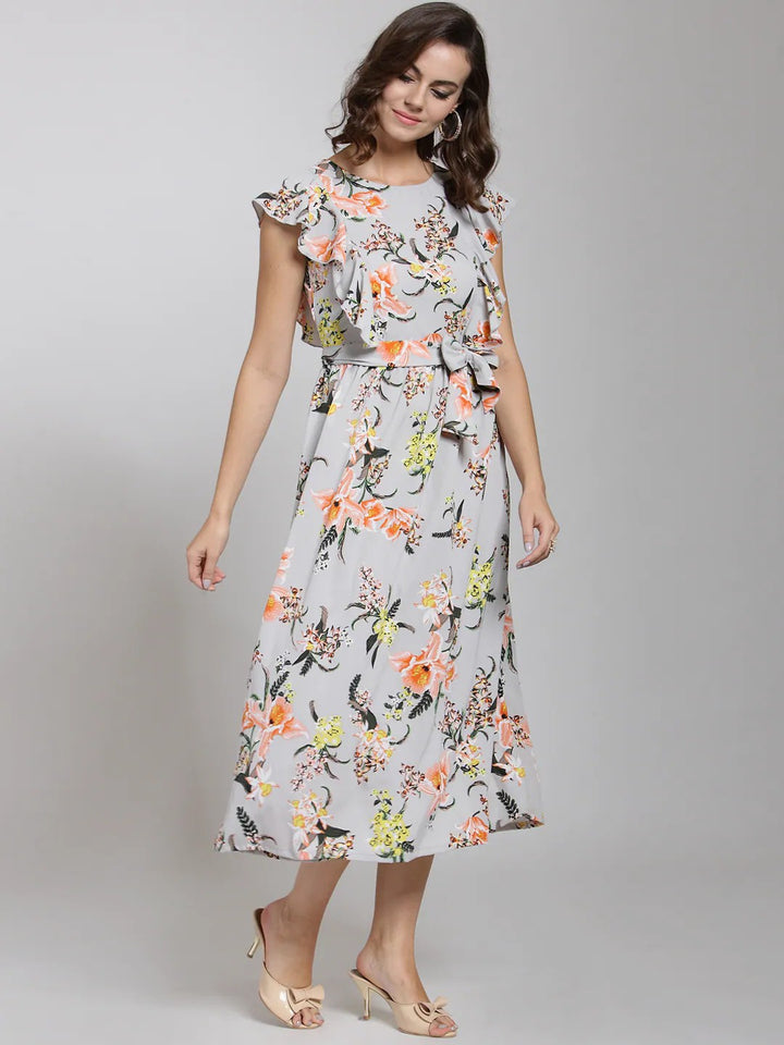 plusS Grey Floral Printed Fit and Flare Dress