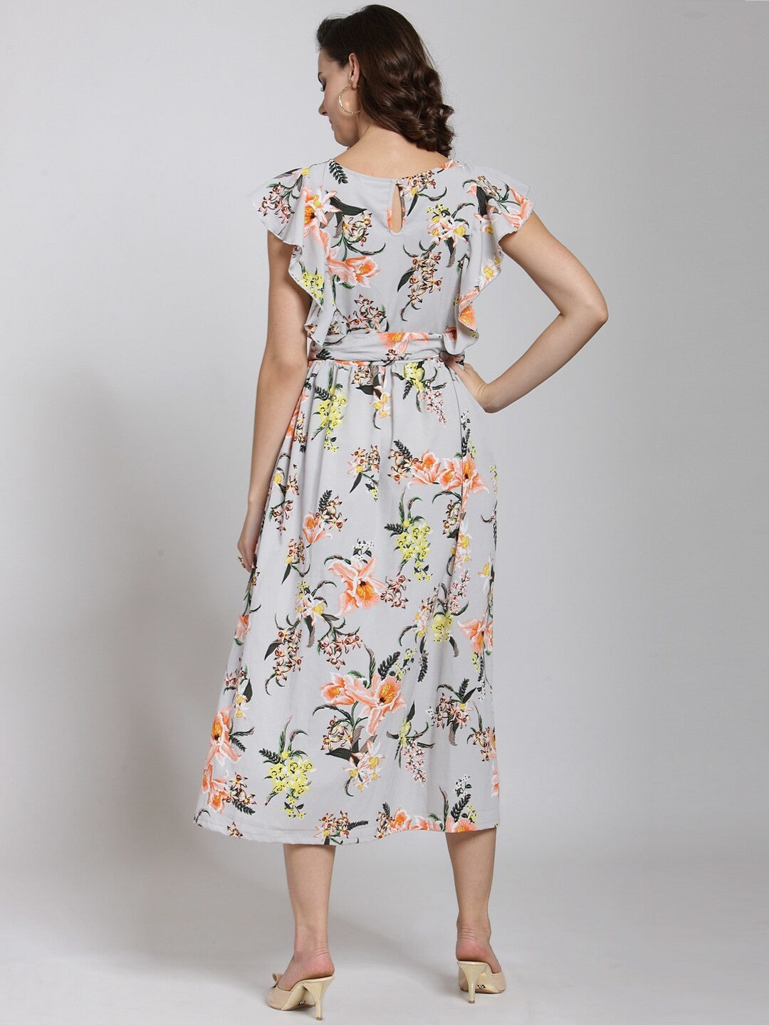 plusS Grey Floral Printed Fit and Flare Dress