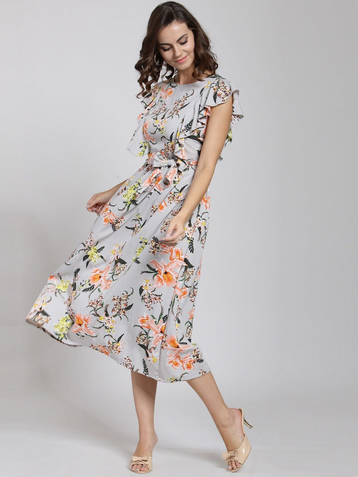 plusS Grey Floral Printed Fit and Flare Dress