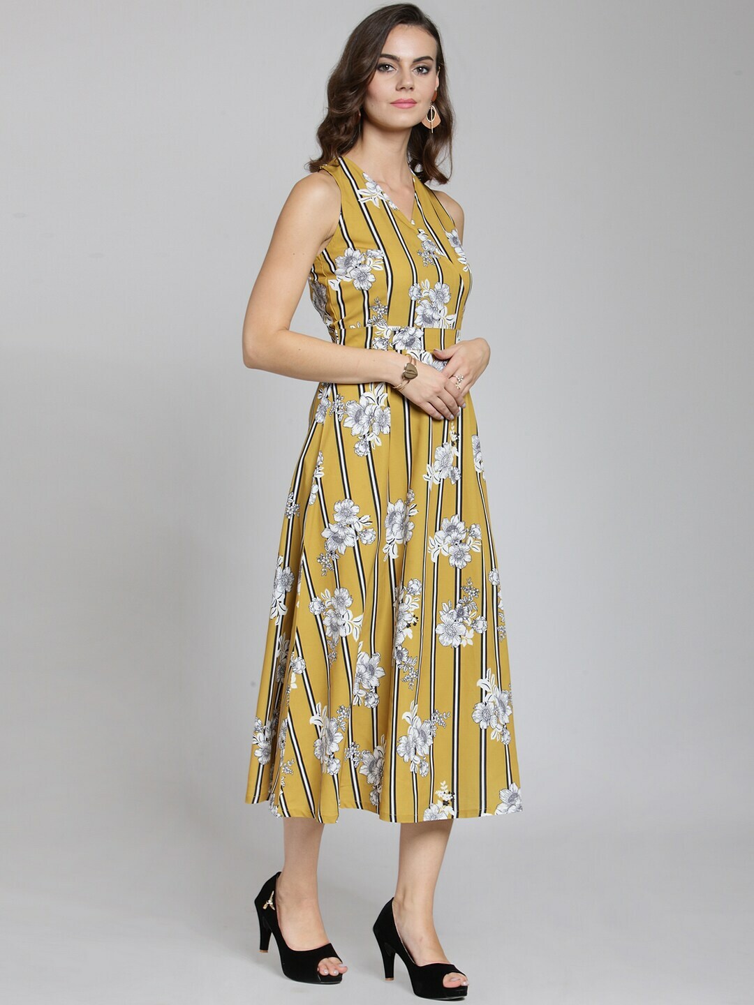 plusS Women Mustard Yellow  White Printed Fit and Flare Dress