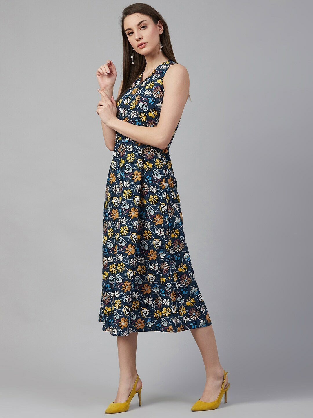 plusS Women Navy Blue  Mustard Yellow Floral Print Wrap Dress