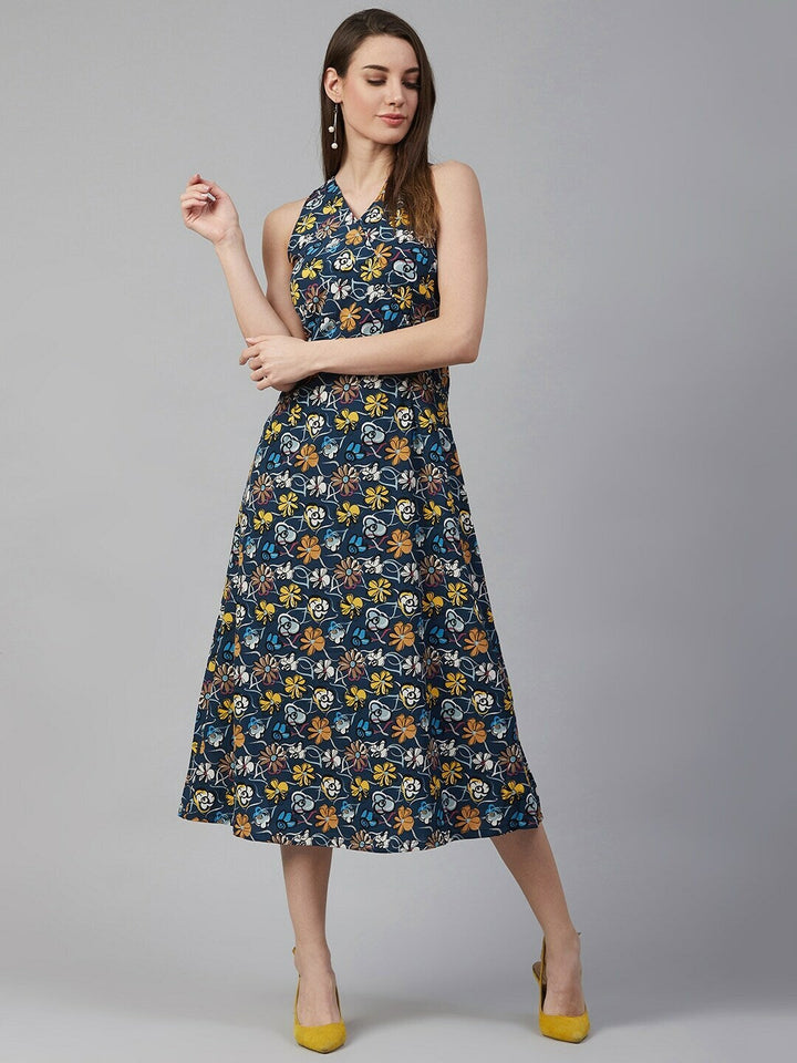 plusS Women Navy Blue  Mustard Yellow Floral Print Wrap Dress